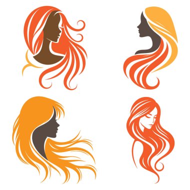Güzel, uzun saçlı, siluet logo ikonu. Güzel uzun saçlı kız silueti logo simgesi.