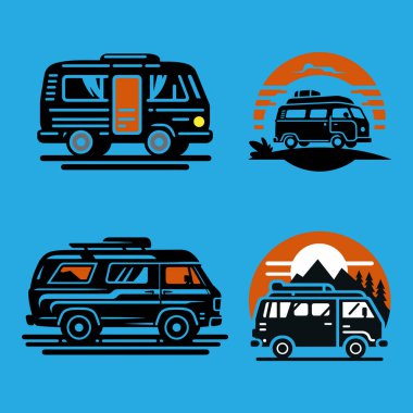 Kamper van Silhouette vektörü mavi arkaplanda. Mavi arkaplanda Camper van Silhouette vektörü.