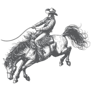 Beyaz arka planda rodeo siluetinde zıplayan bir ata binen bir kovboy..