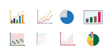 Beyaz arkaplanda turta grafikleri, çubuk grafikleri ve çizgi grafikleri de dahil olmak üzere renkli veri görselleştirme ögeleri kümesi.