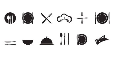 Çatal, bıçak, kaşık seti. Logot menüsü. Düz bir şekilde ayarlanmış. Çatal bıçakların silueti.