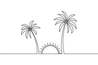 Tropikal manzaranın minimalist siyah ve beyaz çizimi. Palmiye ağaçları ve beyaz üzerinde yükselen güneş. 