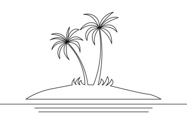 Minimalist siyah ve beyaz sürekli çizgi çizerek küçük bir tropikal adada yetişen iki palmiye ağacını gösteriyor.