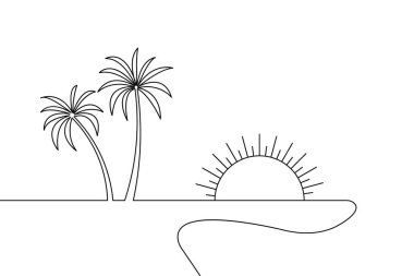 Minimalist aralıksız çizgiler, kıyı şeridi yakınındaki palmiye ağaçlarının tasviri. Arka planda güneş çok güzel batıyor.