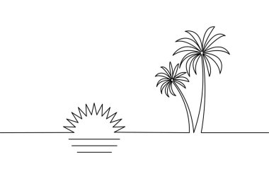 Güneş altındaki okyanus dalgaları üzerinde palmiye ağaçlarının yer aldığı tropik bir günbatımı sahnesini tasvir eden basit bir çizgi sanatı.