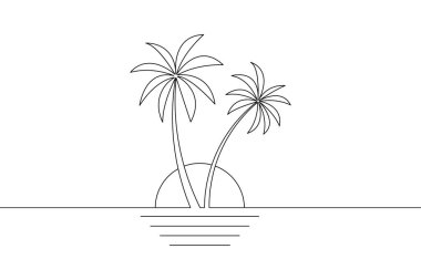 Tropik bir sahilde, ufukta güneş batarken iki palmiye ağacının minimalist çizimi