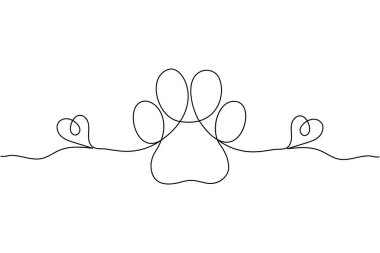 Köpek patisinin tek çizgi çizimi. Kalpte köpek pençesi izi var.