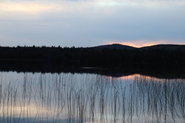 Suyun yansımasıyla sonbaharda güzel bir manzara. Akşamları huzurlu ve sakin bir ortam, göl ve güzel bir gökyüzü. Doğa ve parkın çevresi ve korunumu.