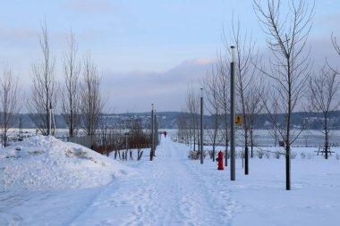 Kışın uzun bir rıhtım ve Quebec 'te bir sahil. Kanada kışın ve Aralık ayının manzarası. Horizon ve kışın St Laurent nehri. Şehir planlaması ve kışın nehir kenarı.