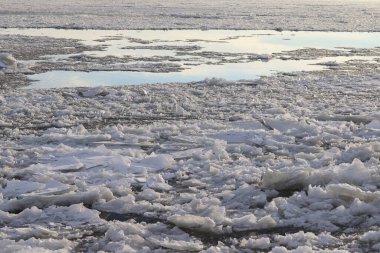 Climate change and a view of icebergs and water. Weather in winter and ices on a vast river. Abstract and textured background. The St-Laurent river in winter and covered in ice. clipart