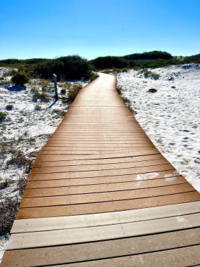 A wooden boardwalk winds through the white sandy dunes at Fort Pickens, Florida, under a bright blue sky. The scene evokes a sense of peace, natural beauty, and an invitation to explore. clipart