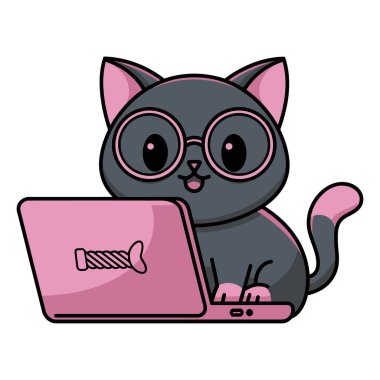 Gözlüklü şirin kedi yavrusu ve dizüstü bilgisayar vektör çizimi tasarımı