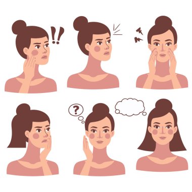 Farklı yüz ifadeleri olan bir kadın. vektör illüstrasyon kümesi.