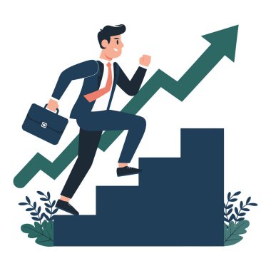 İş adamı, büyüme başarısı vektör illüstrasyonuna doğru merdivenleri çıkıyor