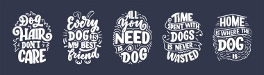Komik ifadeli vektör illüstrasyonu. Köpekler hakkında elle çizilmiş ilham verici alıntılar. Poster, tişört, kart, davetiye, çıkartma, afiş.