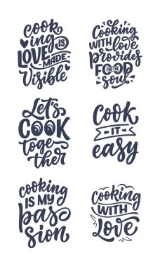 Modern kaligrafi tarzında yemek pişirmekle ilgili el yazması alıntılarla ayarlanmış. Baskı ve poster tasarımı için ilham verici sloganlar. Vektör illüstrasyonu
