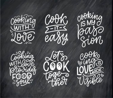 Mutfak ve yemek pişirme hakkında el yazısıyla yazılmış alıntılarla ayarlanmış. Tebrik kartları, dekorasyon, baskılar ve posterler için eşsiz bir tipografi tasarımı öğesi. Vektör illüstrasyonu