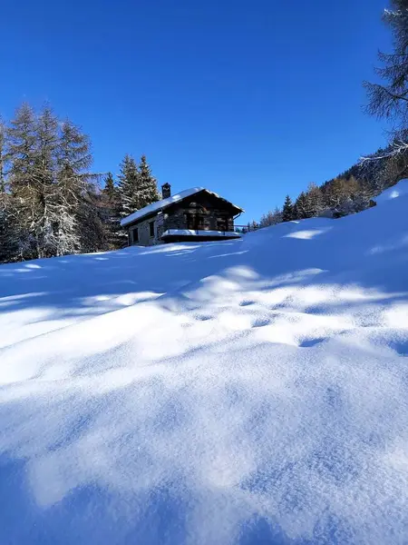 Dağlarda ahşap bir evi olan güzel bir manzara