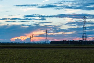 Gökyüzünde kulakları çınlayan bir pirinç tarlası ve Iwata City, Shizuoka Bölgesi, Japonya 'da günbatımında rüzgar boyadı.
