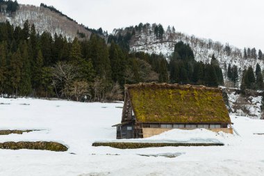 Shirakawa-go 'daki Gifu Bölgesi, Japonya' da karla çevrili özel bir ev.