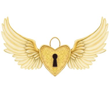 Aşkı ve özgürlüğü simgeleyen, kanatlı, altın kalp şeklinde bir kilidin güzel bir çizimi. Aşk ve ilişkilerle ilgili romantik, klasik veya sembolik tasarımlar için idealdir