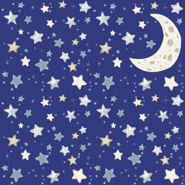 Hilal şeklinde bir ay ve yumuşak, sessiz tonlarda dağılmış yıldızların olduğu rüya gibi bir illüstrasyon. Masallar, çocuk odası dekorları ya da gök temalı tasarımlar için idealdir.