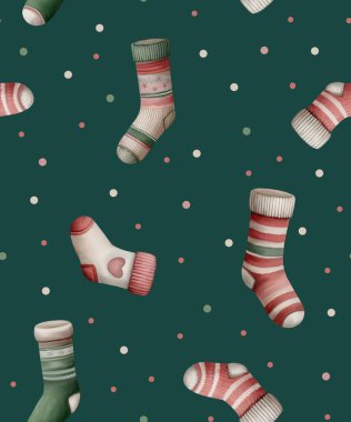 Festive Seamless Pattern, Watercolor, Baby Socks, for Christmas and New Years Eve, Nursery Designs, Wrapping Paper, Holiday Decor, fabric patterns, dot clipart