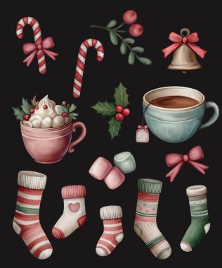 New Year set elements, coffee cups, hot cocoa, marshmallows, festive tea, candy canes, stockings, ribbons, branches, bells, winter decorations, watercolor style clipart