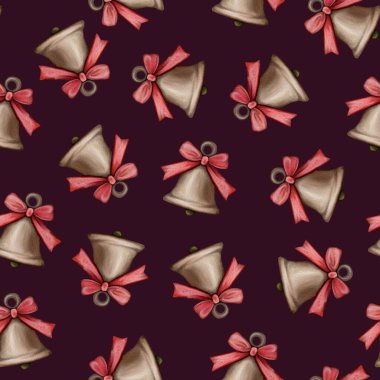 Festive Christmas Bells and Bows, Seamless Holiday Pattern, jingle bell, fabric print, textile patterns, wrapping paper clipart