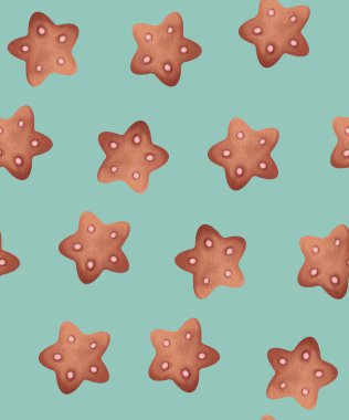 Seamless pattern christmas gingerbread cookies. Biscuits in a Delicate Watercolor Style, Ideal for Holiday Designs with Visible Texture, New Year clipart