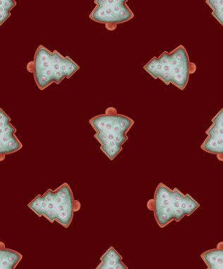 Christmas seamless pattern with gingerbread cookie and christmas tree clipart