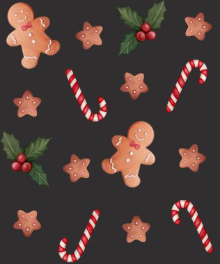 Suluboya zencefilli kurabiye adam, kusursuz desen. Hediye elementleri. Paket kağıdı ve Noel dekorasyonu için mükemmel