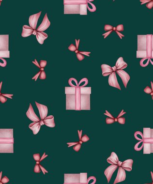 Kusursuz desenli, el yapımı hediye kutuları ve kurdeleli. Çizim. Paket kağıdı için tasarım