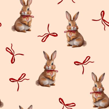 seamless pattern with rabbits and bows. christmas, bow, patterns clipart