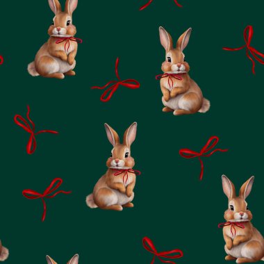 seamless pattern with rabbits and bows. christmas, bow, patterns clipart