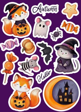 Üzerinde komik hayvanlar ve balkabakları olan bir sürü çıkartma.. 