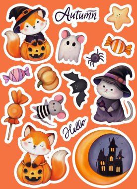 set of halloween stickers, cute cartoon cat, pumpkin, bat, pumpkin, fox. illustration isolated  clipart