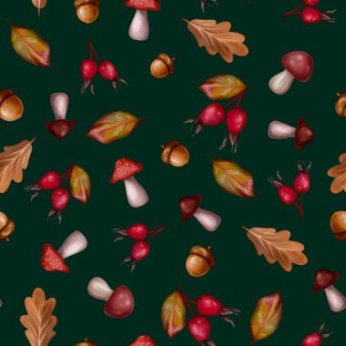 Güz, pürüzsüz desen. Yeşil arka planda el yapımı yapraklar ve mantarlar..