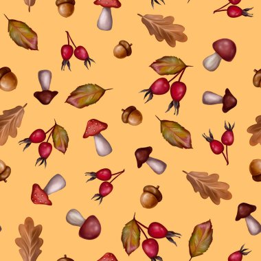 Suluboya sonbahar pürüzsüz desen. El yapımı yapraklar, mantarlar, meşe palamudu 