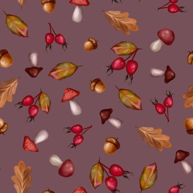 Sulu sonbahar yaprakları, mantarlar, meşe palamutları, yaylar. Mevsimlik tasarımlar, dekor, tekstil, duvar kağıtları