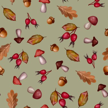 Güz yaprakları, böğürtlenler, meşe palamutları elle çizilmiş kusursuz desen.