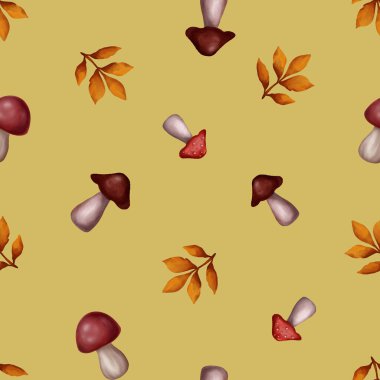 Sonbahar yaprakları ve mantarların kusursuz deseni. arkaplan.