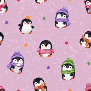 watercolor seamless pattern of penguin and dots clipart