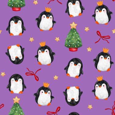 Noel ağacı olan sevimli bir penguen. Kusursuz desen