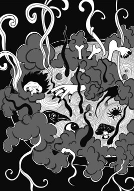 Surreal monochrome cauldron illustration. Abstract smoke tendrils, scattered body parts, bones, and other symbolic elements like mushrooms, a crow, a spider, and an eyebal. Use in posters, book covers clipart