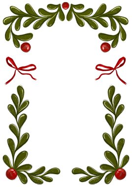 Kutsal böğürtlenli, yapraklı dekoratif çelenk. Tatil kartları. Noel süslemeli evrensel soyut yaratıcı şablonlar. Kırmızı, yeşil çerçeveler ve arkaplanlar.
