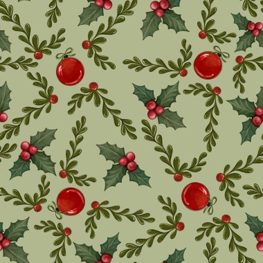 Dalları ve kutsal meyveleri olan kusursuz bir Noel deseni. Yeni yıl arifesi için kartpostal geçmişi, kavramsal tasarım.. 