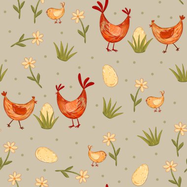 Paskalya ailesi. Tavuk, horoz, civciv, yumurta ve papatya desenleri. Paketler, masa örtüleri, mutfak tekstilleri, tebrik kartları, bayramlık Paskalya tasarımları.