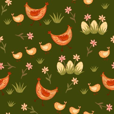 easter seamless pattern with a mother hen, chicks, eggs, daisies,  spring flowers. For packaging, tablecloths, kitchen textiles, greeting cards, festive Easter decor. clipart