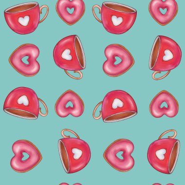 Bir fincan çay, kahve. Mavi arkaplanda pürüzsüz bir desen